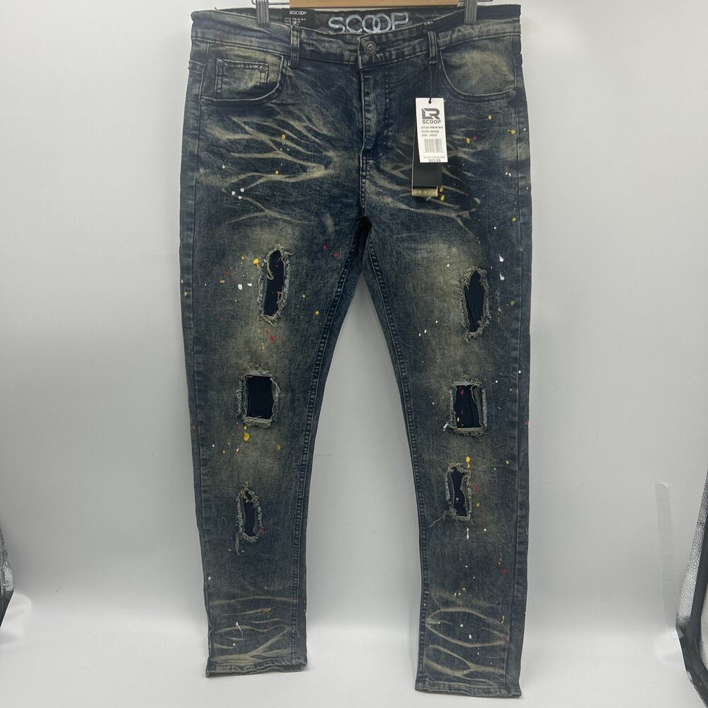 NWT LR Scoop Jeans Mens 34x32 Blue Painted Moto Skinny Fit Stretch Jean